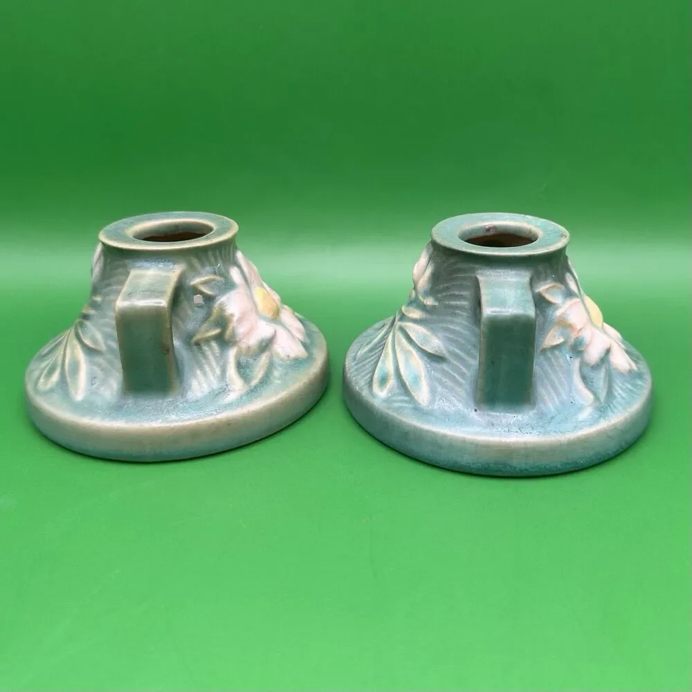 Vintage Roseville Pottery Cosmos Candlestick Holders Blue Green 1151-2 Pair 1940